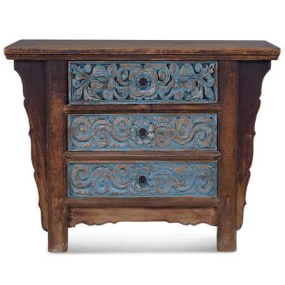 China Eco-friendly Antique Decorative Standing Wood Carved Cabinet With Three Drawers for sale