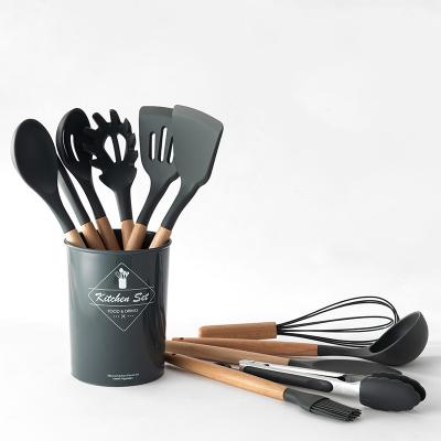 China 10 Piece Black Handle Silicone Viable Kitchenware Wooden Tool Kit Kitchen Gadgets for Cookware Non-Stick for sale