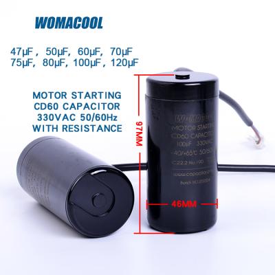 China CD60 AC Motor Starting Capacitor 330VAC 47uf 50uF 60uF 75uF 80uF 100uF 120uF Start Capacitor Refrigeration Compressor for sale