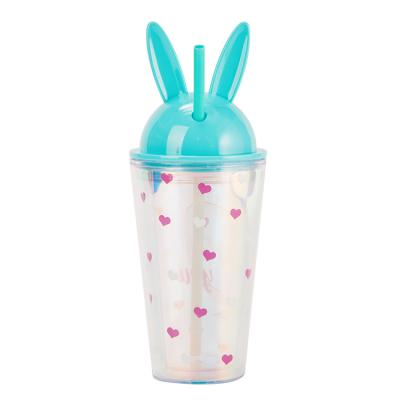 China LATTLIV Viable Cute Bunny Design Mugs Double Layer Heat Insulation Plastic Laser Mug Party Kids Gifts 450mL Tumbler With Lid Abd Straw for sale