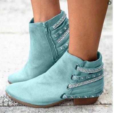 China Round 2020 Autumn Winter Women PU Leather Short Ankle Boots Fashion Back Strap Rhinestone Cheap Ladies Boots for sale