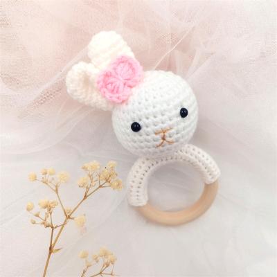 China Crochet Teething Toy Hot Sale Cheap Easter Bunny Beech Wooden Baby Rattle Teether Soft Toy for sale