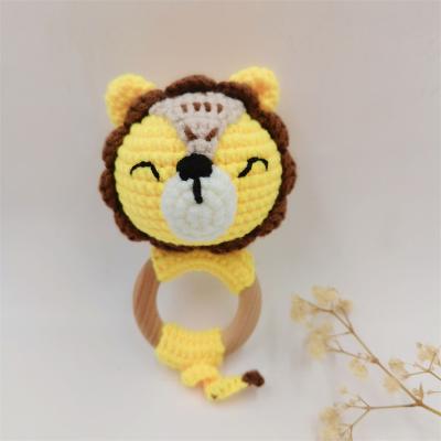 China Toy Wholesale Customized Soft 100% Wooden Hooks Teether Lion Baby Rattle Toys Beech Handmade Cartoon Diy for sale