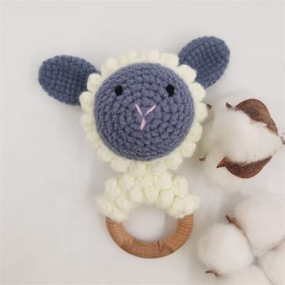 China Toy High Quality Soft 100% Wooden Rattles Ring Teether Set Handmade Beech Sheep Cartoon Crochet Baby Rattles Toy for sale