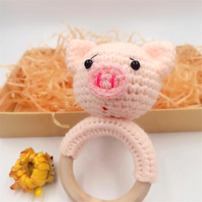 China Soft Toy Natural Knitting Handmade DIY Cartoon Shape Animals Crochet Wooden Teether Rattle For Baby Chewing Toy for sale