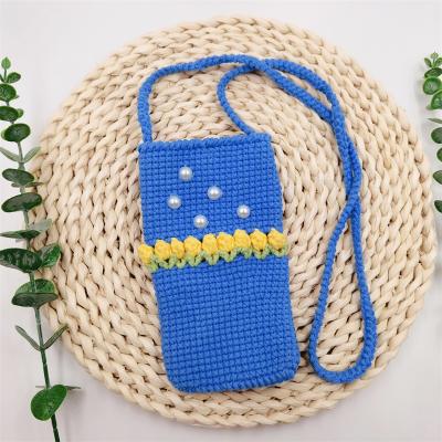 China Cotton Customized Crochet Cotton Cell Phone Bag Beach Square Woven Wholesale Handmade Cute Small Shoulder Bag for sale