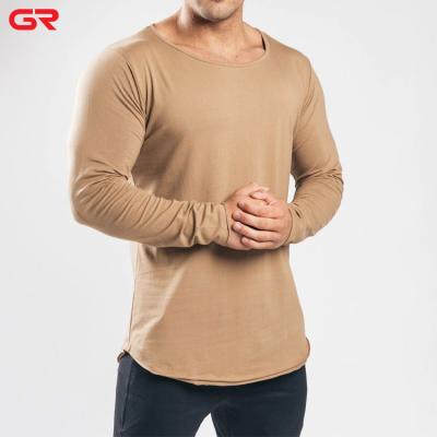 China High Quality Anti Wrinkle Sportswear Top Mens Fitness T Shirts Scoop Off Hem Collar Tight Mens Muscle Fitted Long Sleeve T Shirts for sale