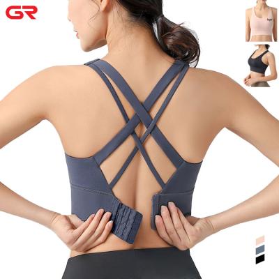 China Hot Selling Breathable Padded Strappy High Print Women Sports Bra Yoga Workout Sports Bra Upper Back Adjustable Custom Support Fitness for sale