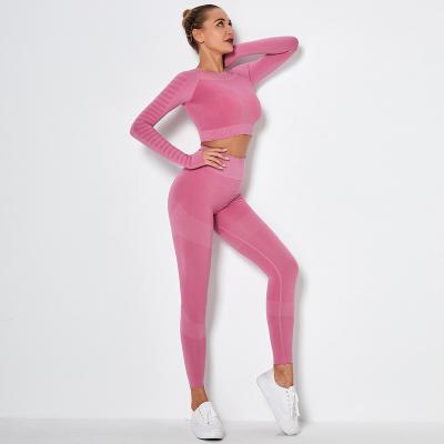 China Breathable Seamless Women Yoga Set Long Sleeves Hole For Thumb High Waisted Yoga Set for sale