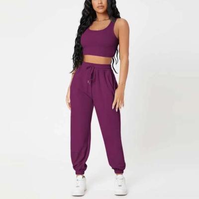 China Breathable Wholesale Women Crop Tank Top And Joggers Sweatsuit Set Custom Logo Fitness Sportswear Joggers Suits Set Training Wear for sale