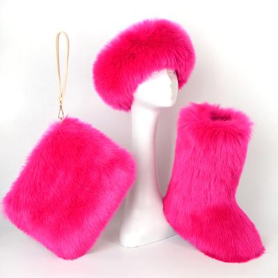 China 2021 Thermal Snow Boots Women Shoes Bag Sets Winter Fur Headband Ladies Faux Fur Boots Matching Hairy Fur Purse Boots For Women for sale