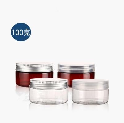 China Personal Care 100g Empty PET Cream Jar Bottle Transparent / Brown Cream Box Makeup Packaging Aluminum Lid for sale