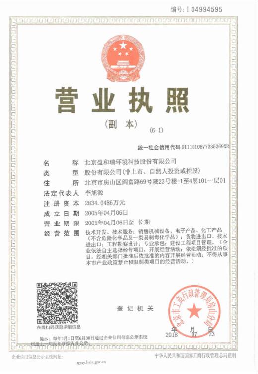 Trading Certificate - Beijing YHR