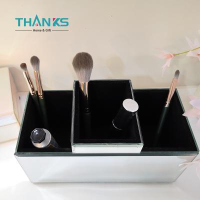 China Gorgeous Luxury Wooden Makeup Glass Cosmetic Box With Mirror Stand Desktop Holder for sale