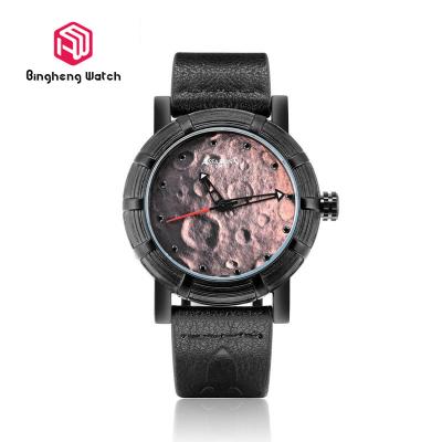 China Lunar Surface Design Mens Stainless Steel Watches With Leather Strap for sale