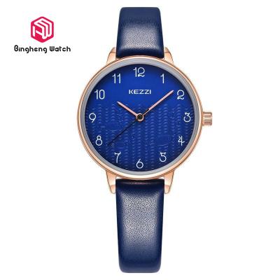 China Elagant Blue Leather Strap Watch , Causal Female Simple Waterproof Watch for sale