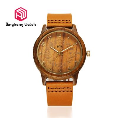 China Creative Mens Eco Friendly Wooden Watches Genuine Leather Band 44.5mm Dial Diameter for sale