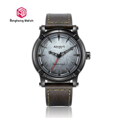 China Black Genuine Leather Strap Wrist Mens Stainless Steel Watches Creative Wolf Teeth Design for sale