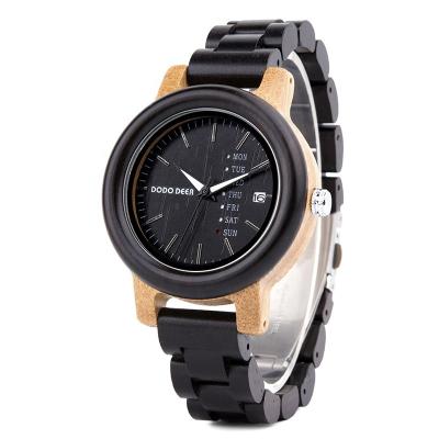 China Fashion Ladies Wooden Watches With Date Week Feather Custom Logo Black Color for sale