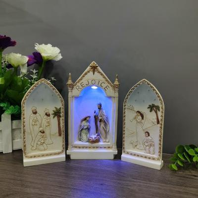 China Europe KD Resin REJOICE Holy Light Nativity Scene Christmas Nativity Set Figurine Religious Family Items for sale