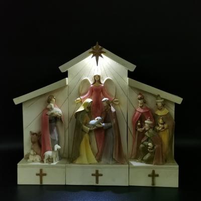 China Light Religious Europe KD Resin Christmas Nativity Set Figurine Family Holy House Nativity Scene for sale