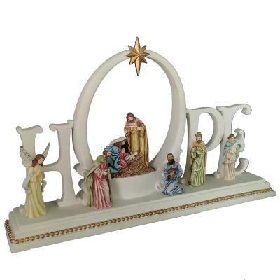 China Europe Polyresin Holy Family Lit Religious LOVE/HOPE Nativity Resin Statue for sale