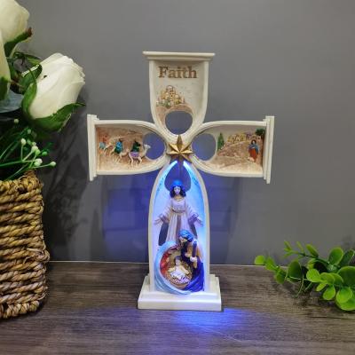 China Indoor Nativity Scene Europe Polyresin Holiday Sculpture Religious Lighted Resin Cross for sale