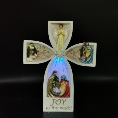 China JOY Holiday Indoor Nativity Scene Resin Religious Lit Cross Europe Polyresin Cross Sculpture for sale