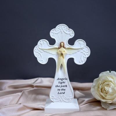 China Europe Home Decorations Polyresin Angel Nativity Light Cross Scene Religious Lighted Resin Angel Cross for sale