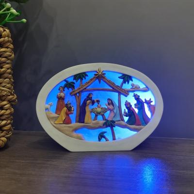 China Polyresin Home Decor Europe Holiday Sculpture Religious Figurines Light Resin Nativity Scene for sale