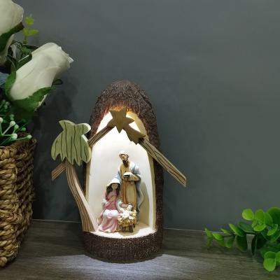 China Europe Resin Wood Effect Nativity Decoration Holy Family Light Up Nativity Scene Figurine for sale