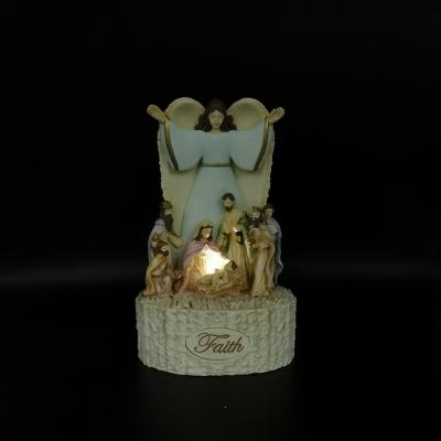 China Light Europe Home Decorations Resin Wooden Angel Nativity Holy Family Nativity Scene Figurine for sale