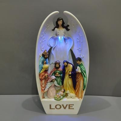 China Light Europe Home Decorations Resin Angel Wing Nativity Holy Family Angel Nativity Scene Figurine for sale