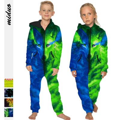 China New Wolf Digital Printing Children's Clothing Polyester Fleece Loose Zipper Sweater Long Sleeve Hooded Overalls for sale