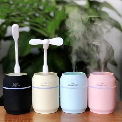 China 2019 Multi Function Mini Can Ultrasonic Air Humidifier with LED Night Light and Mini Fan Creative Design 3 in 1 Desktop Mist Make Other for sale