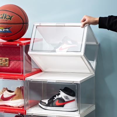 China Clear Plastic Standable Stackable Shoe Boxes Display Magnet Boxes Drop Front Shoe Storage Box Acrylic transparent for sale