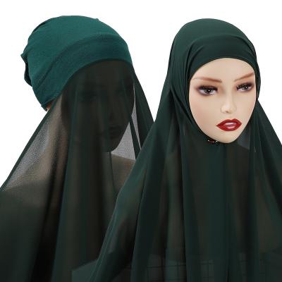 China New Casual Pearl Chiffon Malaysian Islamic Ready To Use Shawl With Inner Hat Women's Instant Hijab Scarf for sale