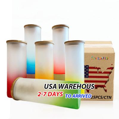 China US Warehouse Sustainable Gradient Colored Frosted Empty Sublimation 25 Ounce Shaped Glass Beer Can With Bamboo Lid And Straw for sale