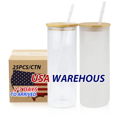 China US Warehouse Drinking Glass Transfer 25oz Sustainable Beer Mugs Mug Beer Can Glass Sublimation Frosted Blanks With Bamboo Lid for sale