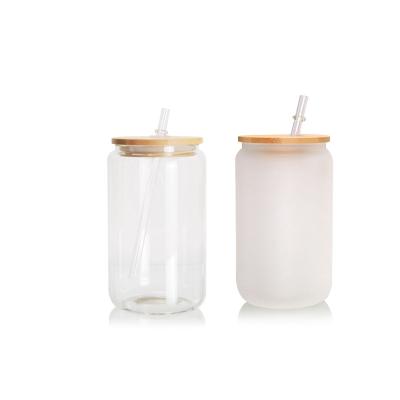 China Reusable Frosted Clear Beer Can Glass With Bamboo Lid And Straws USA Warehouse 12oz 16oz Reusable Clear PE Plastic 401-500ml Part for sale