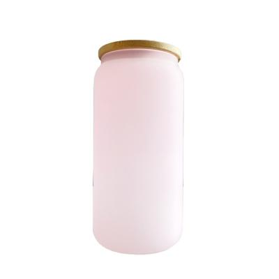 China Reusable Frosted Gradient Soda Beer Glass Can Shape With Bamboo Lid And Plastic Straws USA Store 16oz PE Reusable Frosted 25pcs Part for sale