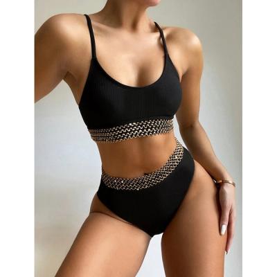 China Custom Logo Women Swimwear Two Pc Antibacterial Set 2021 New Blackless High Waist Women Swimwear Bikini Set Slim Nightclub Party for sale