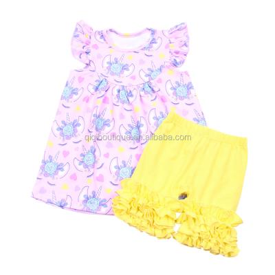 China Casual Romantic Purple Kids Clothing Sets Unicorn Pattern Girls Boutique Outfits Ruffles Solid Short Kids 2 Pieces Set for sale