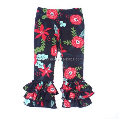 China Viable Wholesale Yiwu Qiqi Floral Print Kids Clothes Nice Kids Bell Bottoms Triple Ruffles Girls Leggings for sale