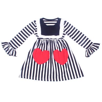 China Sweet Breathable Valentines Clothing Honey Girl Boutique Dress Fashion Stripe Design Tunic Dress With Heart Applique Pocket for sale