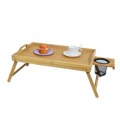 China Custom Modern Floating BAMBOO Bed Breakfast Food Serving Bamboo Wooden Tray with Folding Legs and Cup Holder for sale