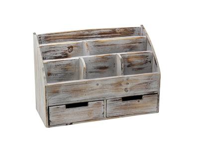 China Hot Sale Vintage Distressed Rustic Wooden Desk Organizer With 2 Drawer for sale