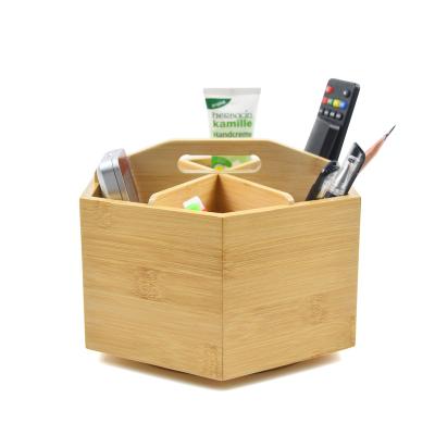 China Bamboo Revolving Pen Portable Stationery Holder Wooden Home Office Desk Organizer 6 Compartments for sale