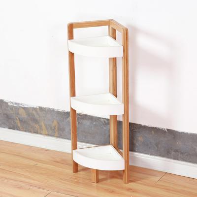 China Standing Type Bamboo Wood Bathroom 3 Tier Standing Shower Corner Shelf for sale