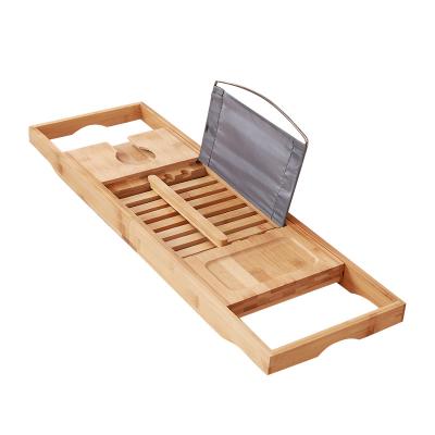 China Sustainable Wooden Bamboo Luxury Bath Cart for Your Book, Tablet or Smartphone Bathtub Tray with Extending Arms for sale